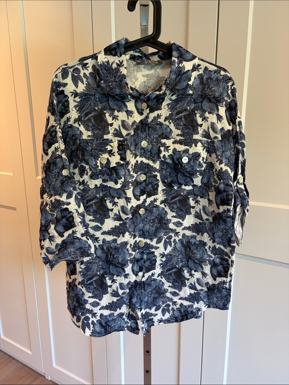 100% Linen Pistache Navy Floral Button-Down Shirt